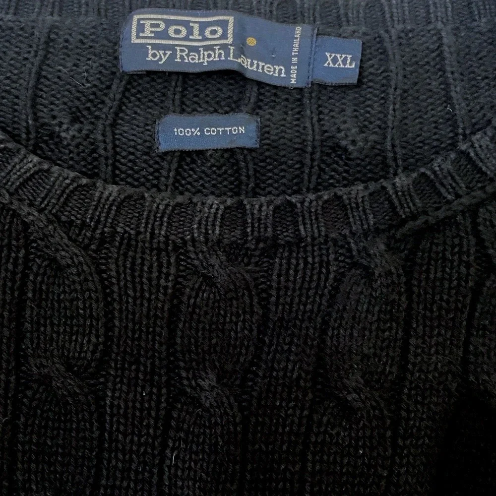 VTG‎ 90's Polo Ralph Lauren Black Cable Knit Cotton Crest Crew Neck Sweater XXL